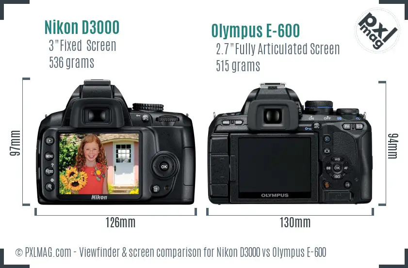 Nikon D3000 vs Olympus E-600 Screen and Viewfinder comparison