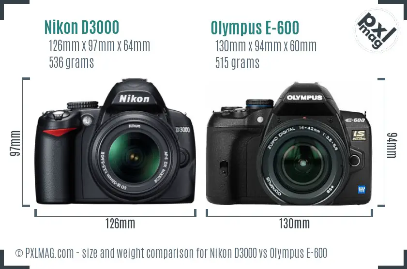 Nikon D3000 vs Olympus E-600 size comparison