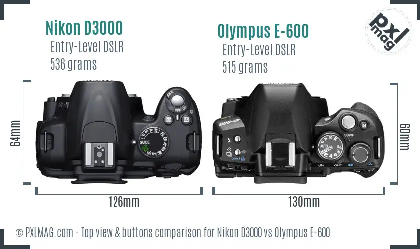 Nikon D3000 vs Olympus E-600 top view buttons comparison