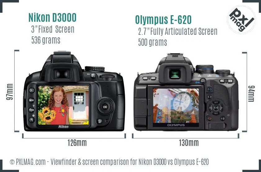 Nikon D3000 vs Olympus E-620 Screen and Viewfinder comparison