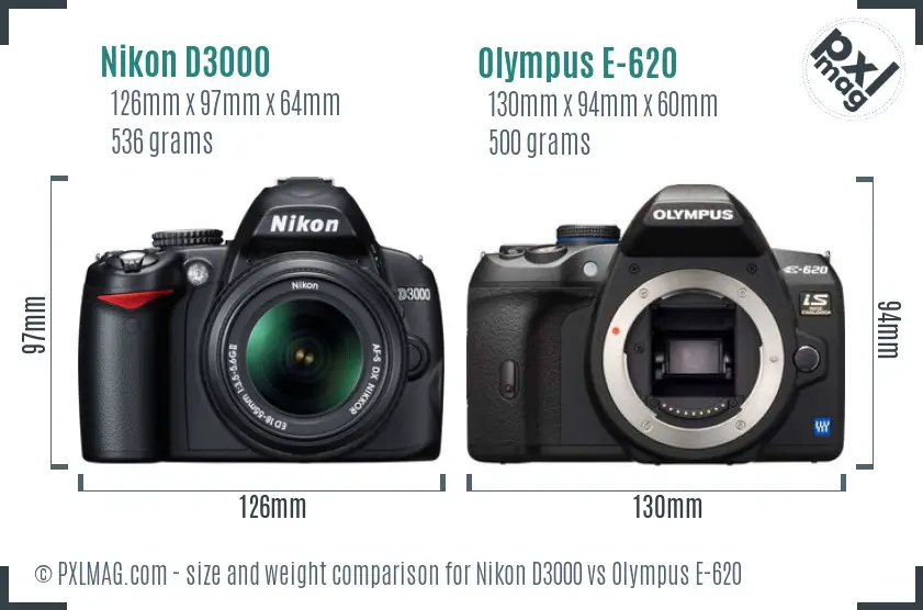 Nikon D3000 vs Olympus E-620 size comparison