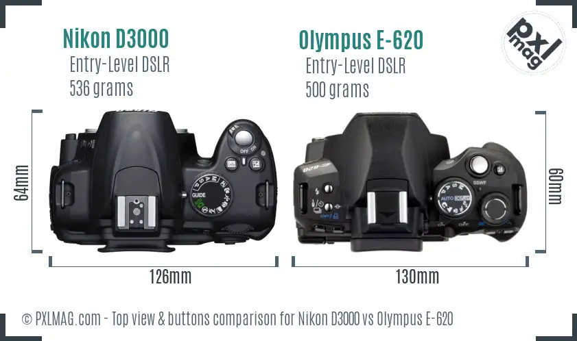 Nikon D3000 vs Olympus E-620 top view buttons comparison
