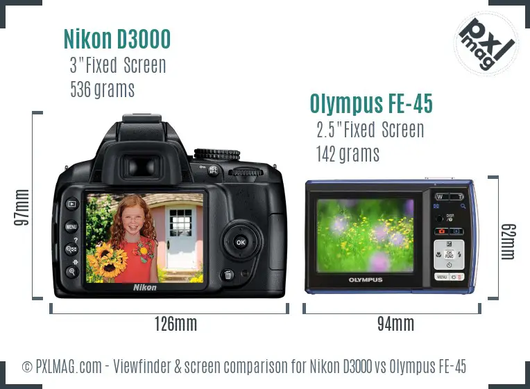 Nikon D3000 vs Olympus FE-45 Screen and Viewfinder comparison