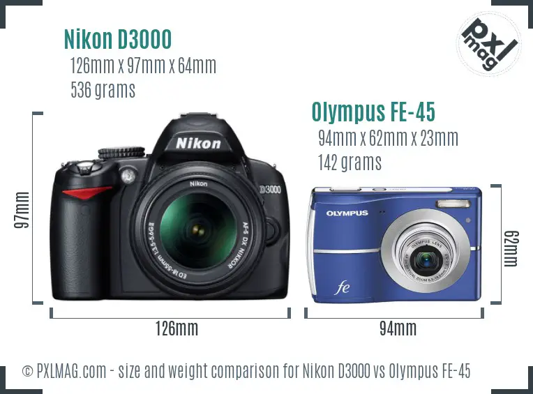 Nikon D3000 vs Olympus FE-45 size comparison