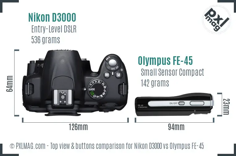 Nikon D3000 vs Olympus FE-45 top view buttons comparison