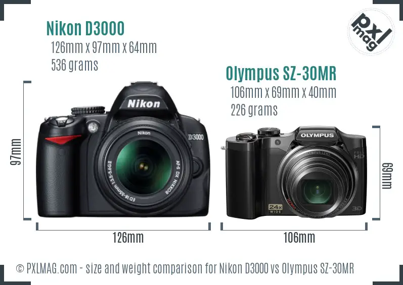 Nikon D3000 vs Olympus SZ-30MR size comparison