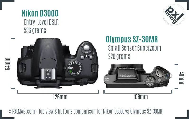 Nikon D3000 vs Olympus SZ-30MR top view buttons comparison