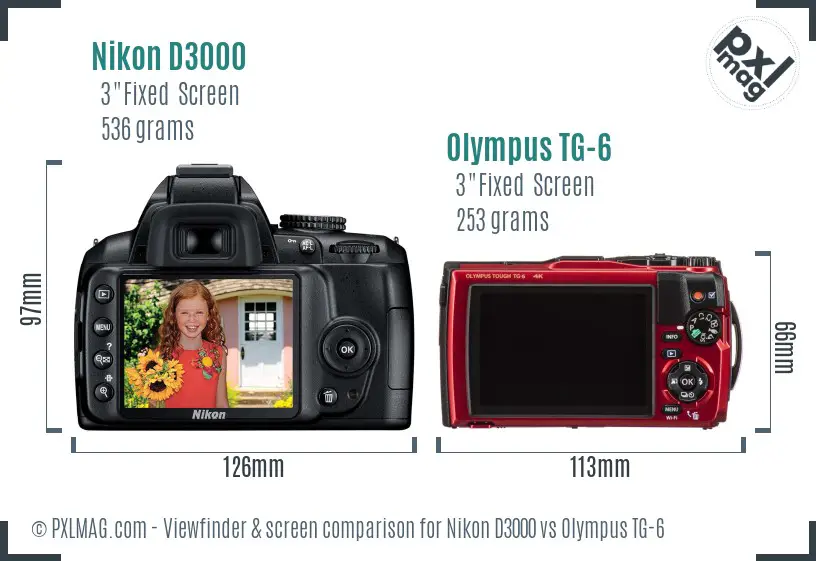 Nikon D3000 vs Olympus TG-6 Screen and Viewfinder comparison