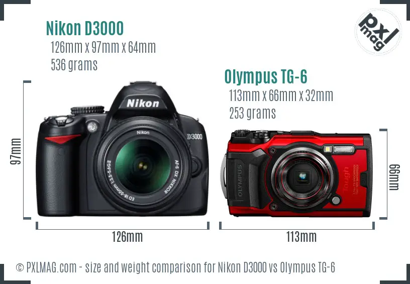 Nikon D3000 vs Olympus TG-6 size comparison
