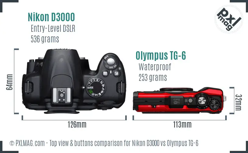 Nikon D3000 vs Olympus TG-6 top view buttons comparison