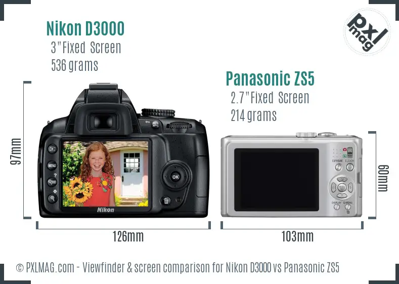 Nikon D3000 vs Panasonic ZS5 Screen and Viewfinder comparison