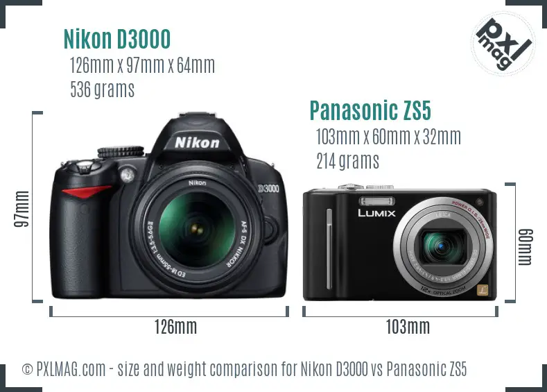 Nikon D3000 vs Panasonic ZS5 size comparison