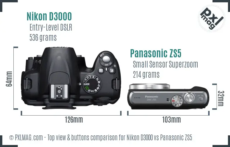 Nikon D3000 vs Panasonic ZS5 top view buttons comparison