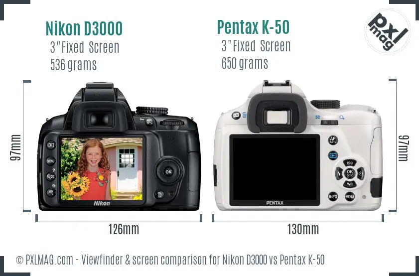 Nikon D3000 vs Pentax K-50 Screen and Viewfinder comparison