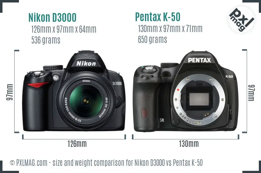 Nikon D3000 vs Pentax K-50 size comparison