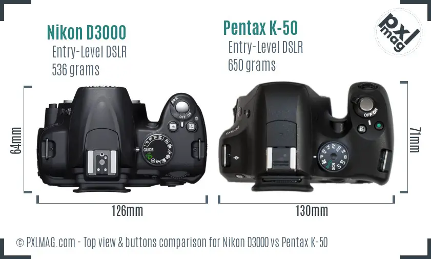 Nikon D3000 vs Pentax K-50 top view buttons comparison