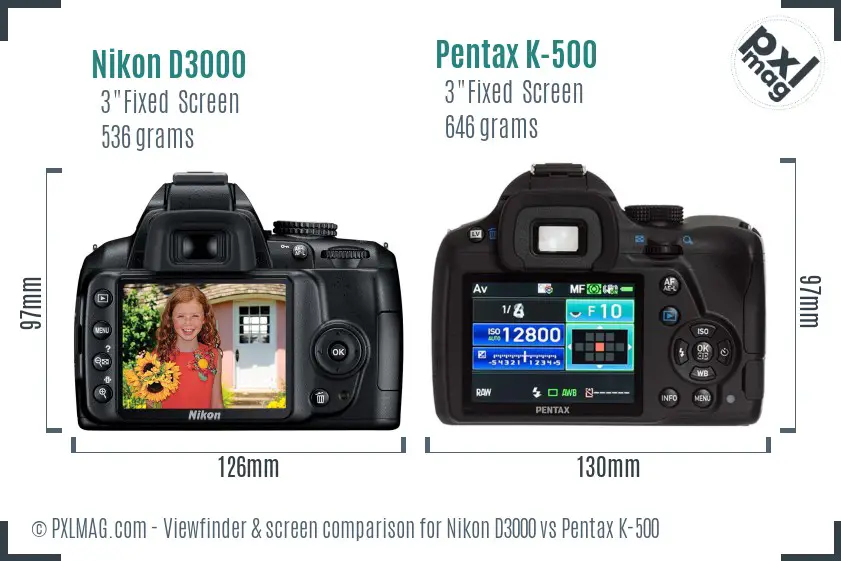 Nikon D3000 vs Pentax K-500 Screen and Viewfinder comparison