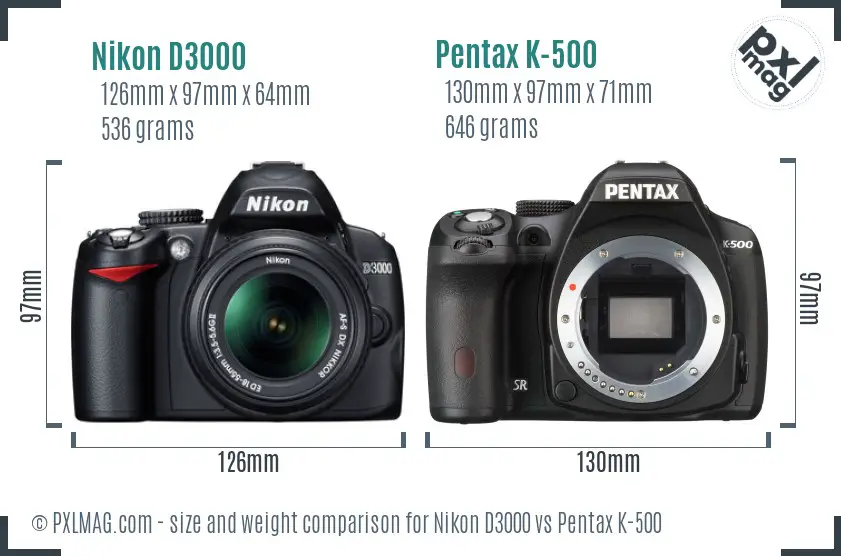 Nikon D3000 vs Pentax K-500 size comparison