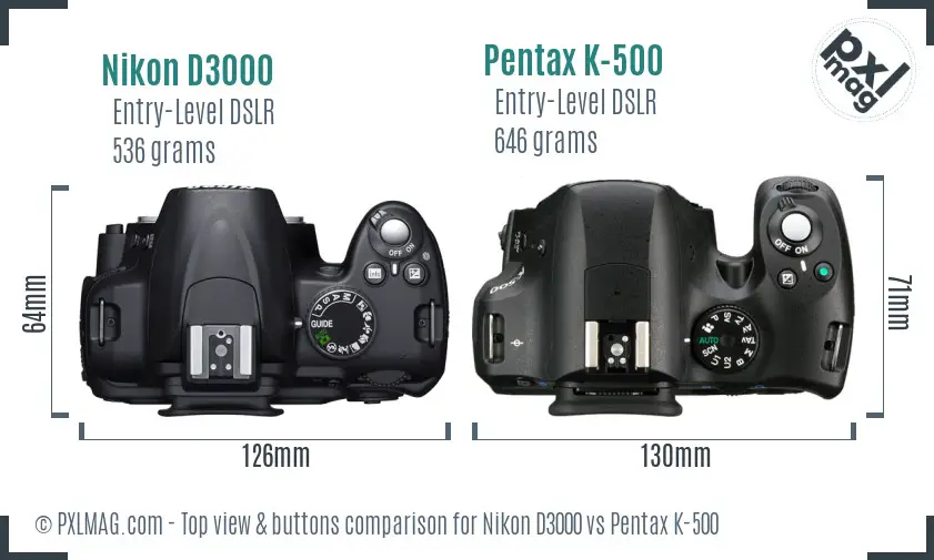 Nikon D3000 vs Pentax K-500 top view buttons comparison