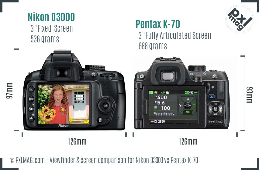 Nikon D3000 vs Pentax K-70 Screen and Viewfinder comparison