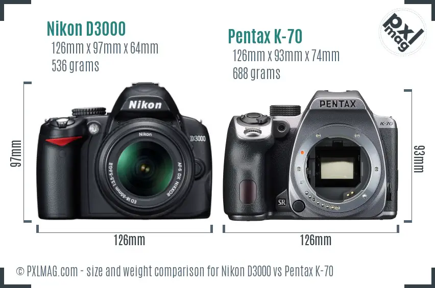 Nikon D3000 vs Pentax K-70 size comparison