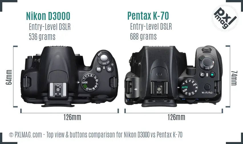 Nikon D3000 vs Pentax K-70 top view buttons comparison