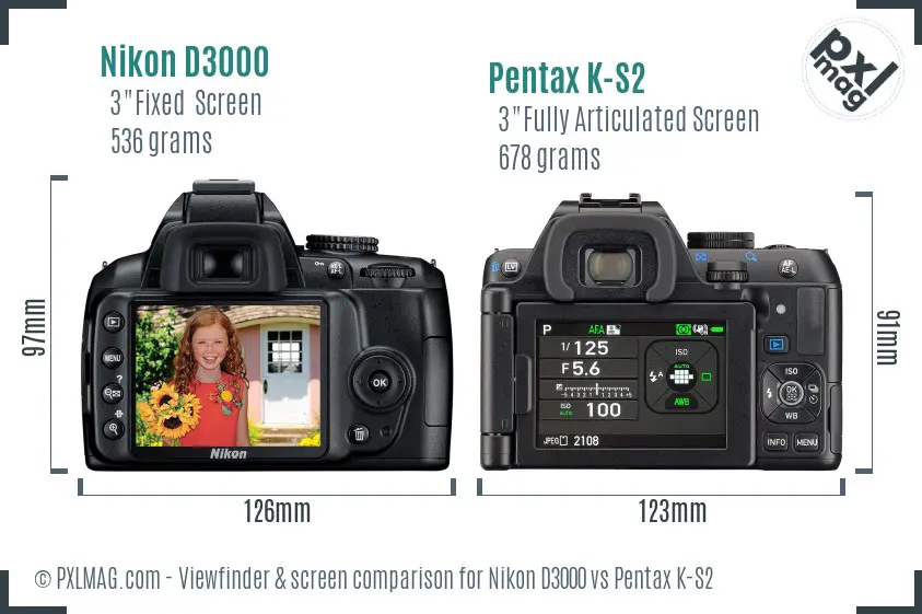 Nikon D3000 vs Pentax K-S2 Screen and Viewfinder comparison