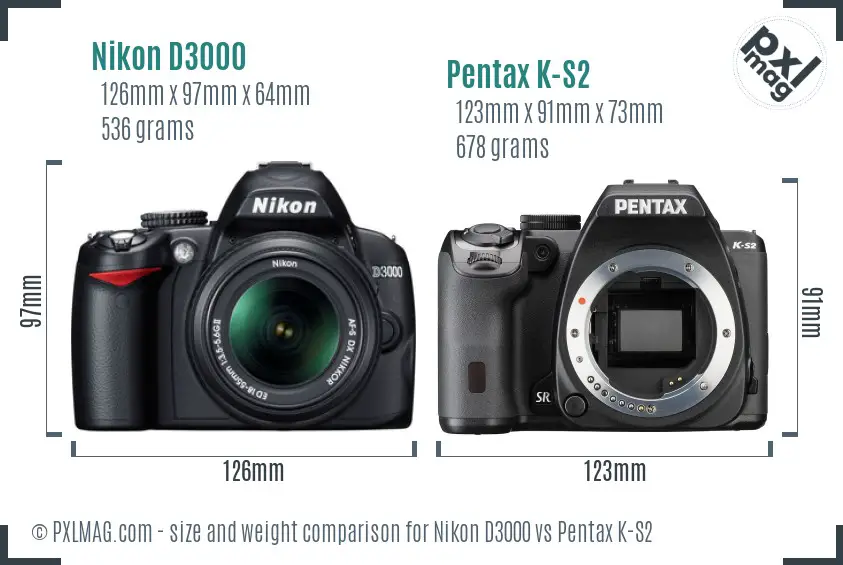 Nikon D3000 vs Pentax K-S2 size comparison