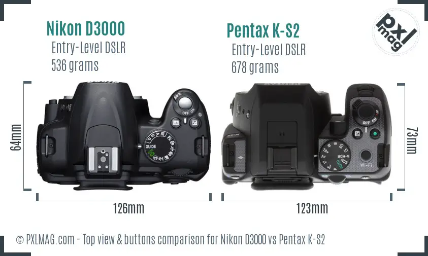 Nikon D3000 vs Pentax K-S2 top view buttons comparison