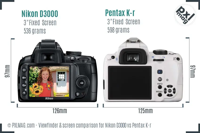 Nikon D3000 vs Pentax K-r Screen and Viewfinder comparison
