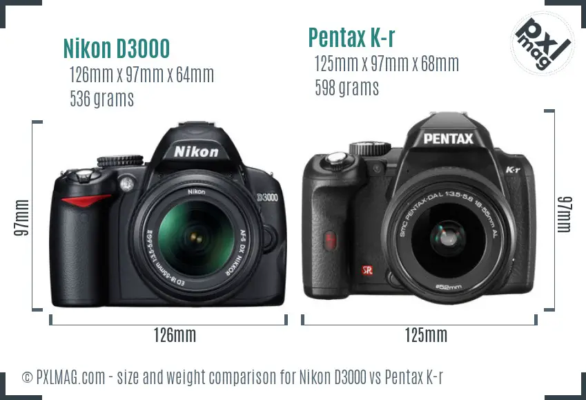 Nikon D3000 vs Pentax K-r size comparison