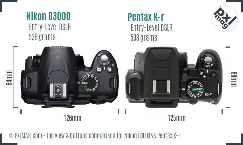 Nikon D3000 vs Pentax K-r top view buttons comparison