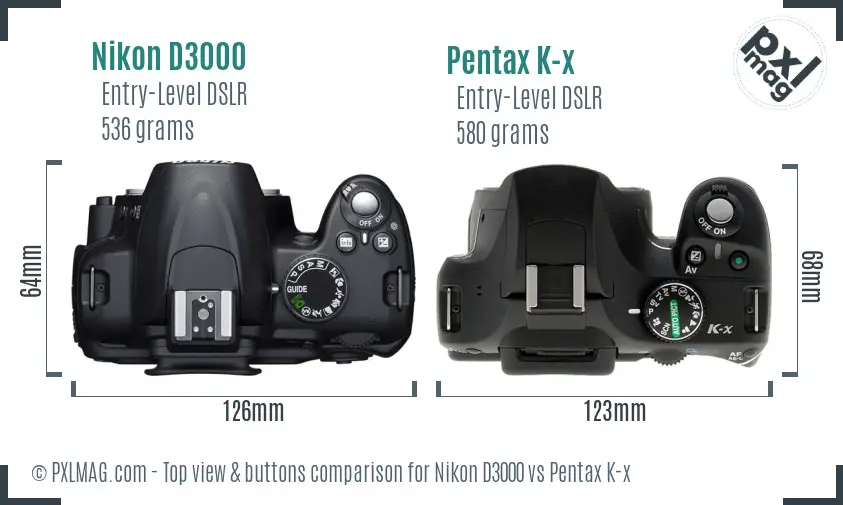 Nikon D3000 vs Pentax K-x top view buttons comparison