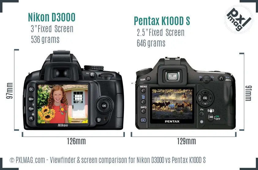 Nikon D3000 vs Pentax K100D S Screen and Viewfinder comparison