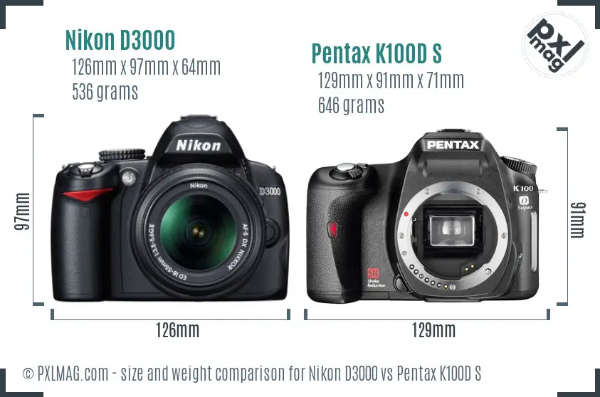 Nikon D3000 vs Pentax K100D S size comparison