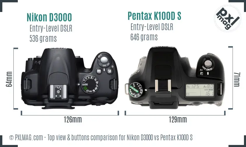 Nikon D3000 vs Pentax K100D S top view buttons comparison