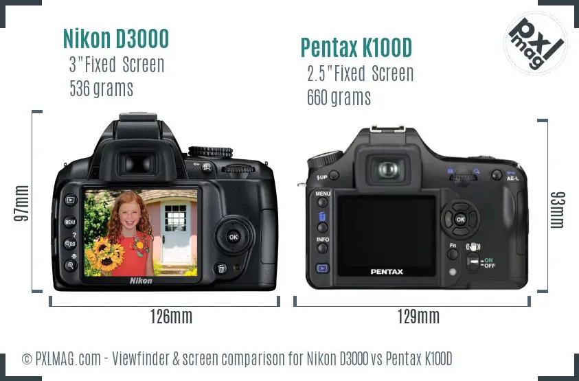 Nikon D3000 vs Pentax K100D Screen and Viewfinder comparison