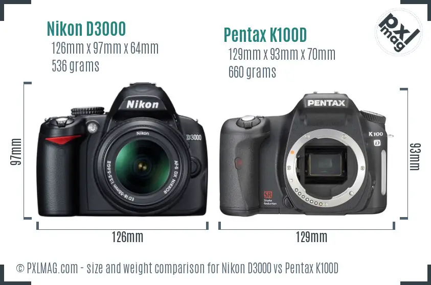 Nikon D3000 vs Pentax K100D size comparison