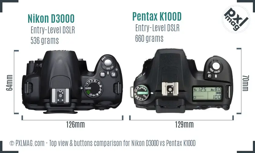 Nikon D3000 vs Pentax K100D top view buttons comparison