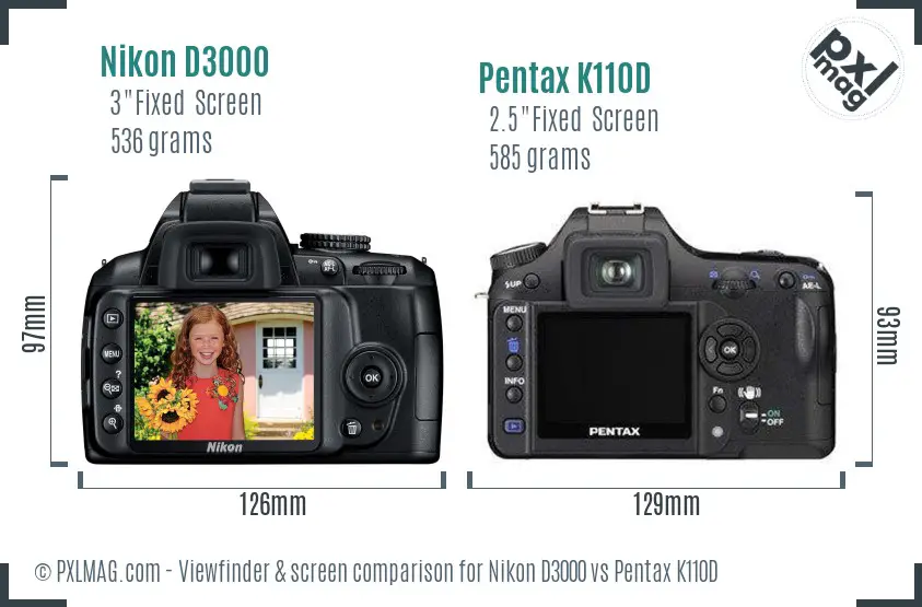 Nikon D3000 vs Pentax K110D Screen and Viewfinder comparison