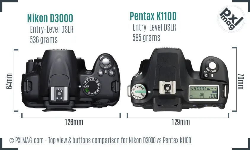 Nikon D3000 vs Pentax K110D top view buttons comparison