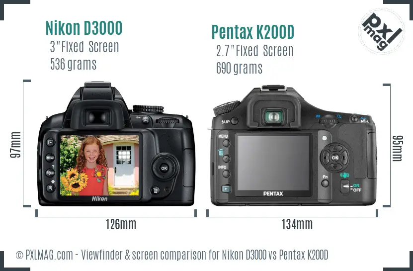 Nikon D3000 vs Pentax K200D Screen and Viewfinder comparison
