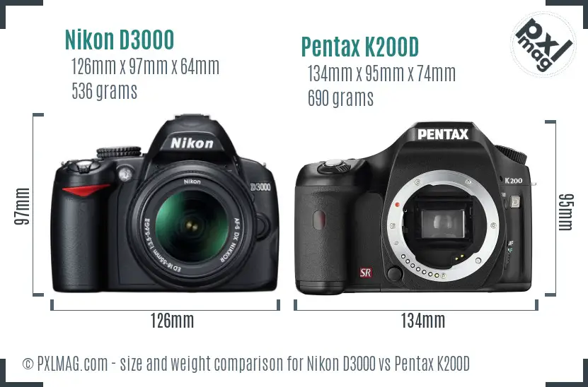 Nikon D3000 vs Pentax K200D size comparison