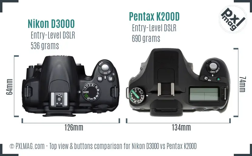 Nikon D3000 vs Pentax K200D top view buttons comparison
