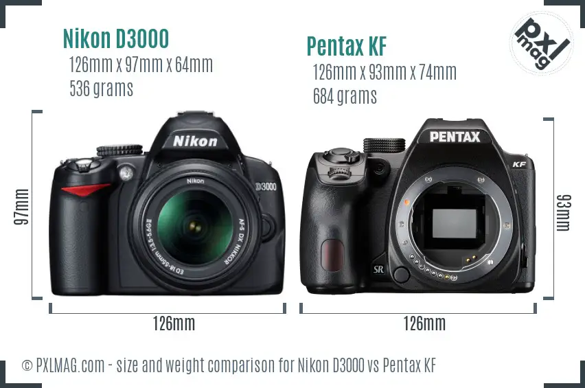 Nikon D3000 vs Pentax KF size comparison