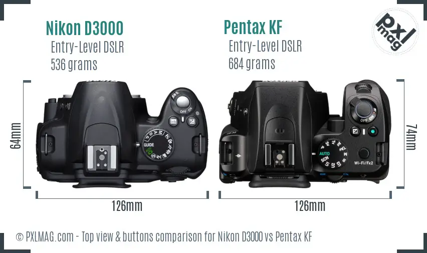 Nikon D3000 vs Pentax KF top view buttons comparison