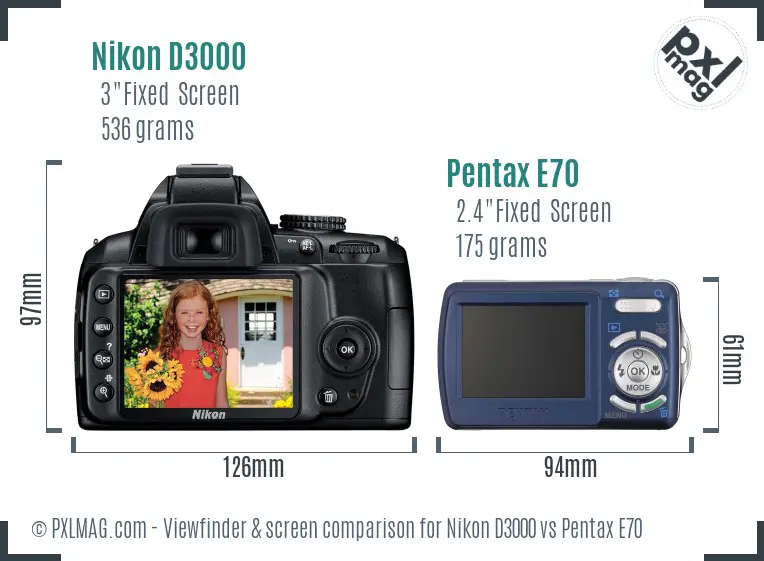Nikon D3000 vs Pentax E70 Screen and Viewfinder comparison