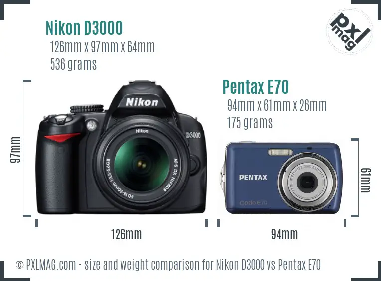 Nikon D3000 vs Pentax E70 size comparison