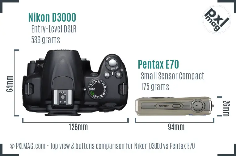 Nikon D3000 vs Pentax E70 top view buttons comparison