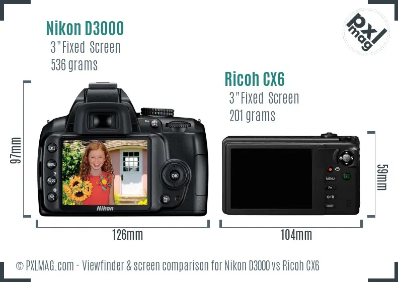 Nikon D3000 vs Ricoh CX6 Screen and Viewfinder comparison